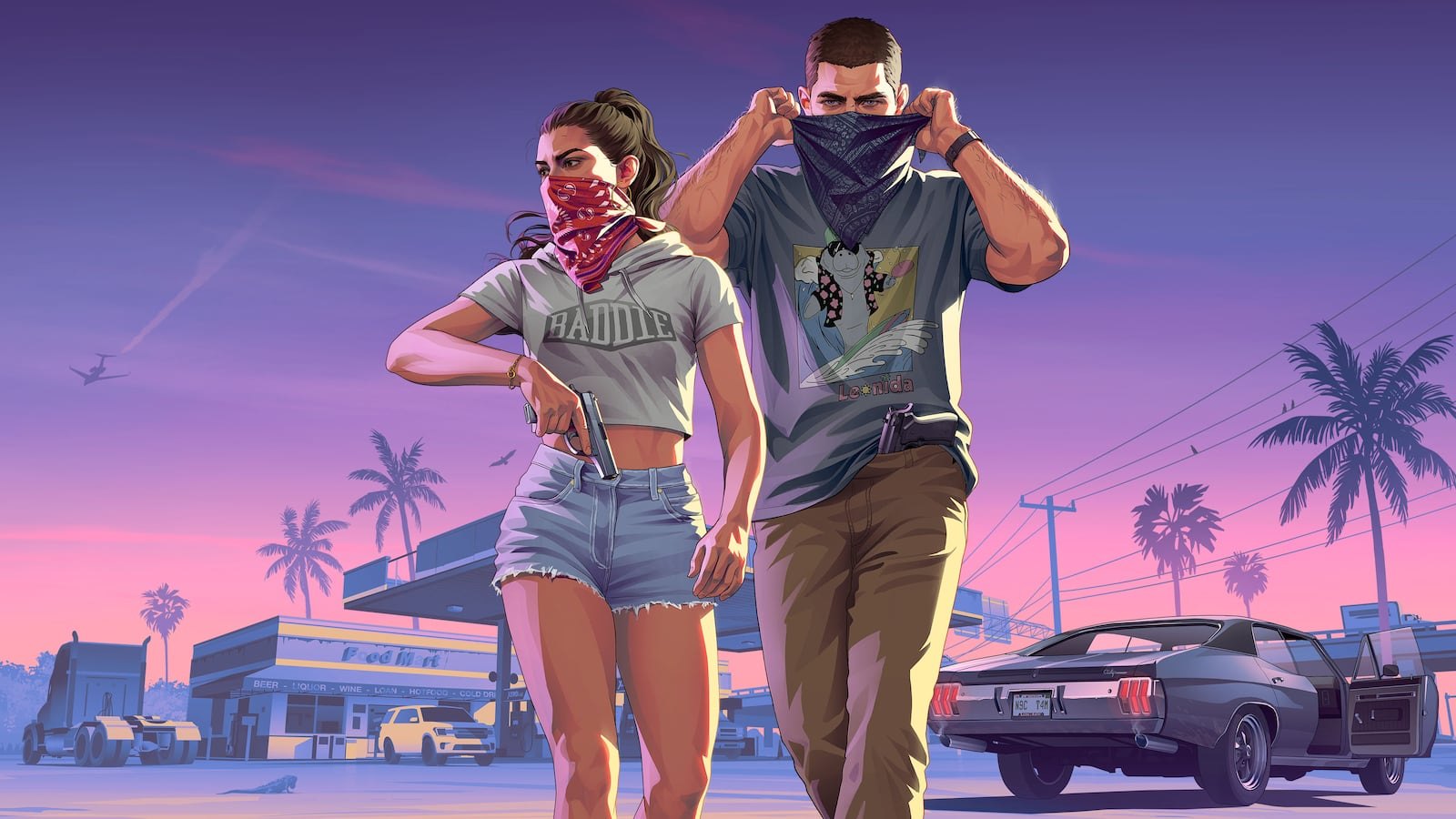 A man and a woman wearing bandanas over their faces walk together in front of a gas station at sunset, with a classic muscle car parked nearby.