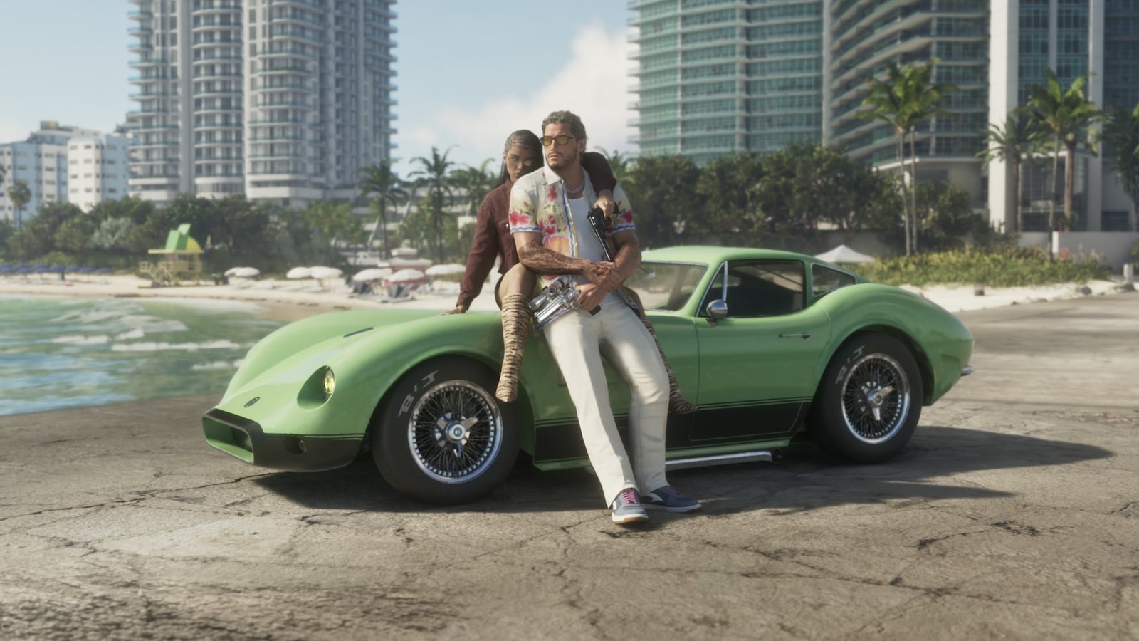 Two male characters lean against a green classic sports car on a beachfront with modern high-rise buildings in the background.