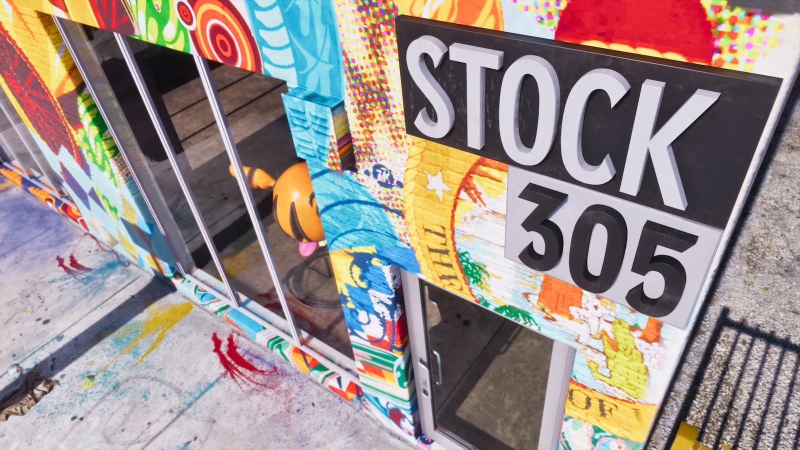 Close-up of a colorful graffiti-covered building exterior featuring a sign reading 'Stock 305'.