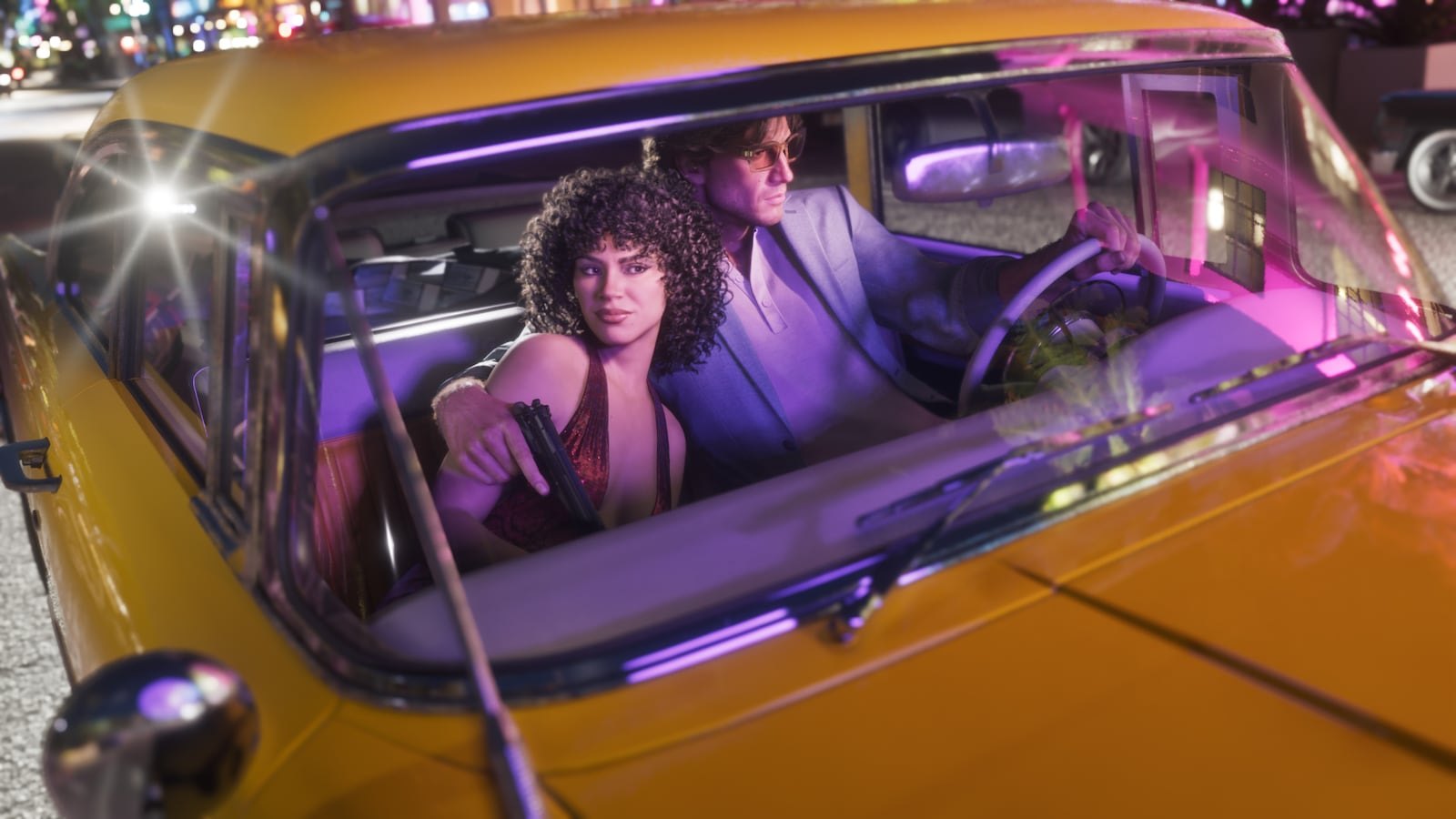 Lucia holding a pistol and Jason driving together inside a yellow classic car on a neon-lit city street at night.