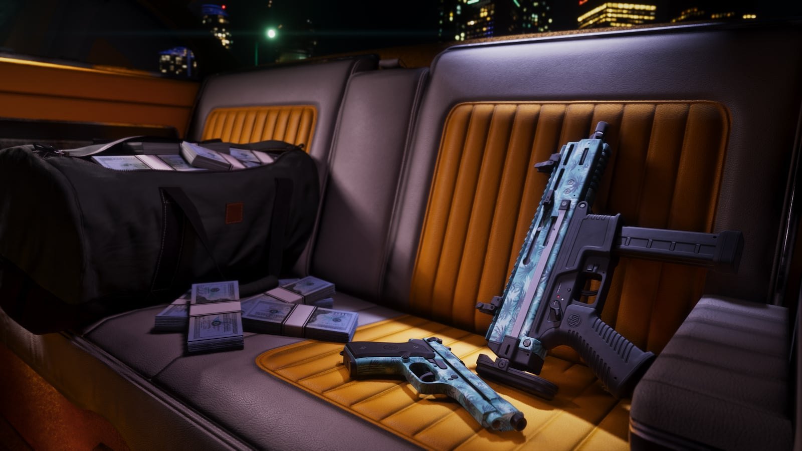 The back seat of a luxury car at night displaying stacks of cash, a duffel bag, and two decorated firearms.