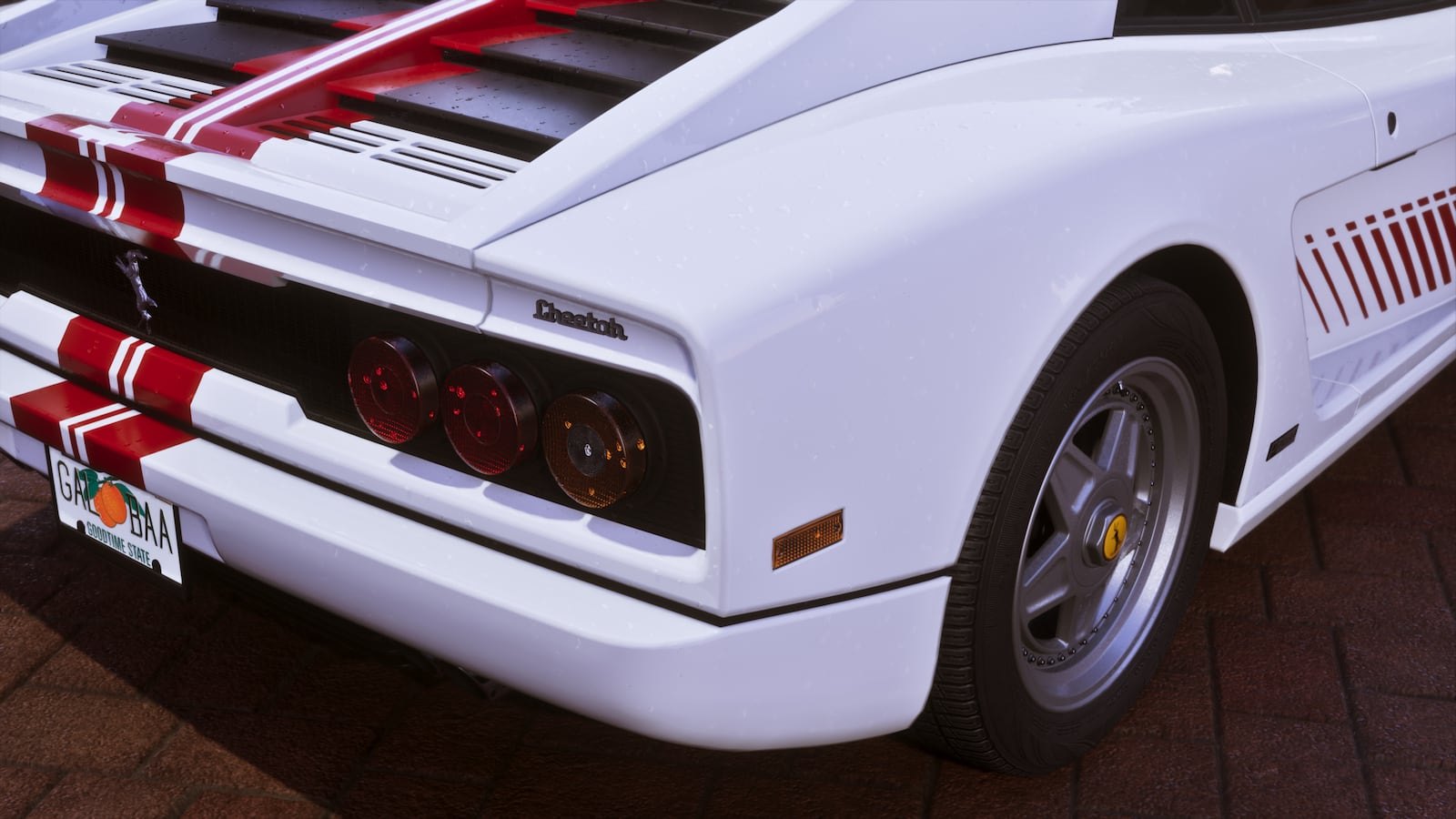 Rear view of a white supercar named Cheetah with red stripes and a Leonida state license plate.