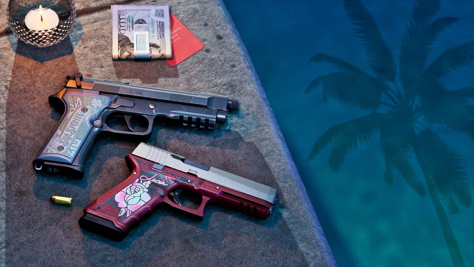 Two ornately decorated pistols lie beside a stack of cash and a red card on a poolside surface at night with palm trees reflected in the water.