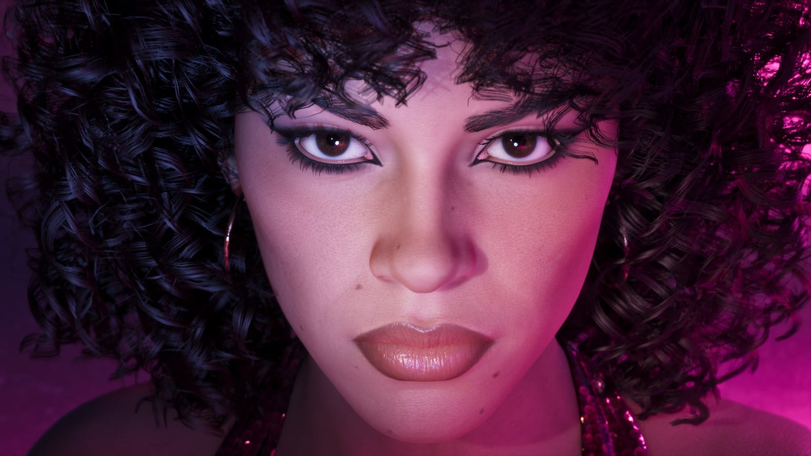 Close-up portrait of Lucia with curly black hair, dramatic eye makeup, and hoop earrings against a pink-purple background.