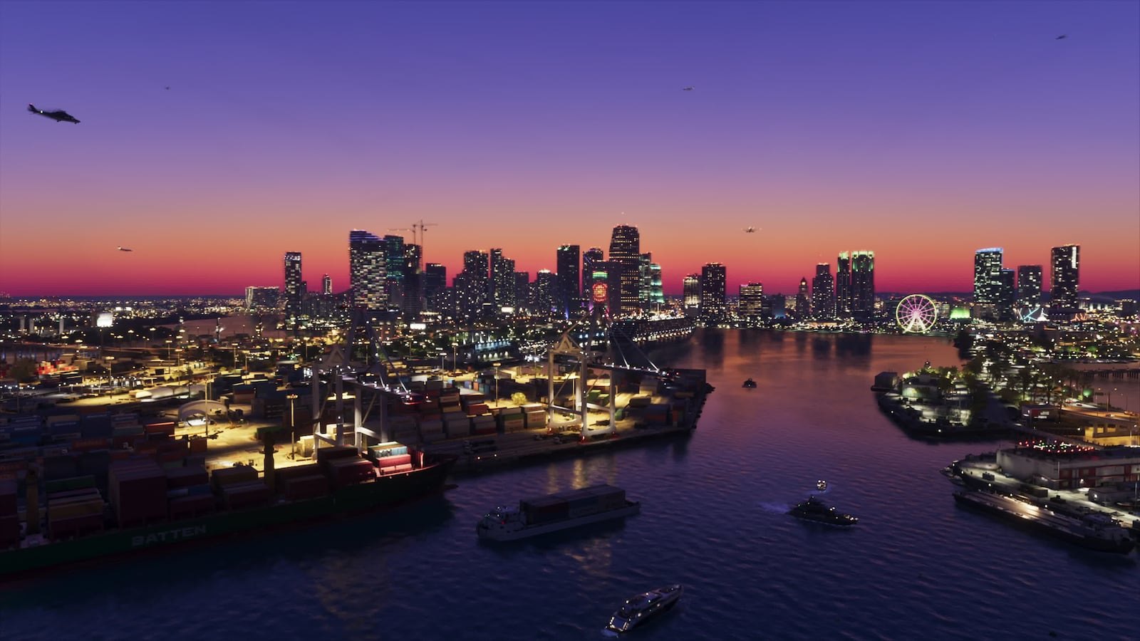 A wide aerial view of a Miami-inspired coastal city skyline at dusk with a port, ferris wheel, and several boats on the water.