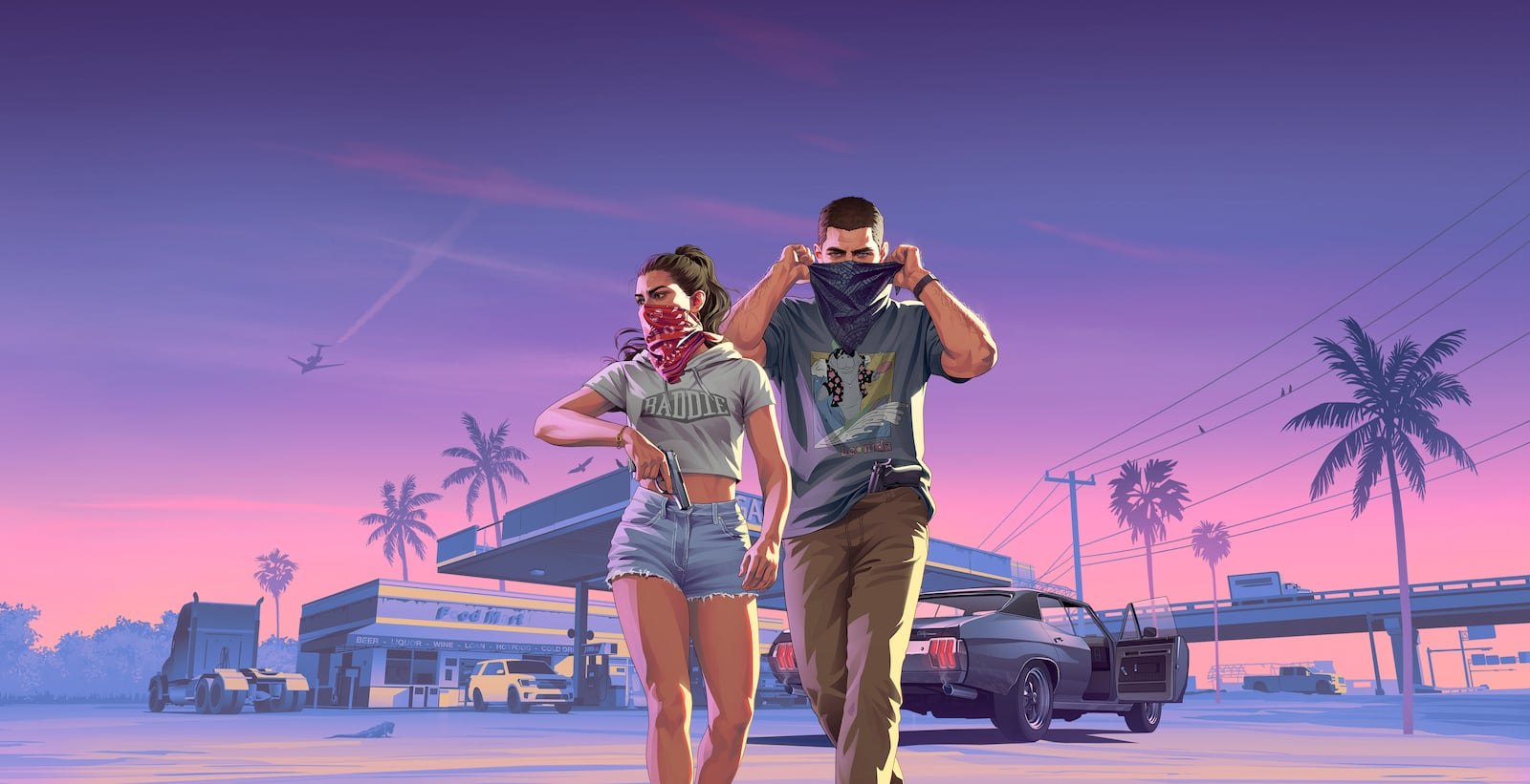 A closer crop of a man and woman with bandanas over their faces walking away from a gas station at sunset with a muscle car visible behind them.