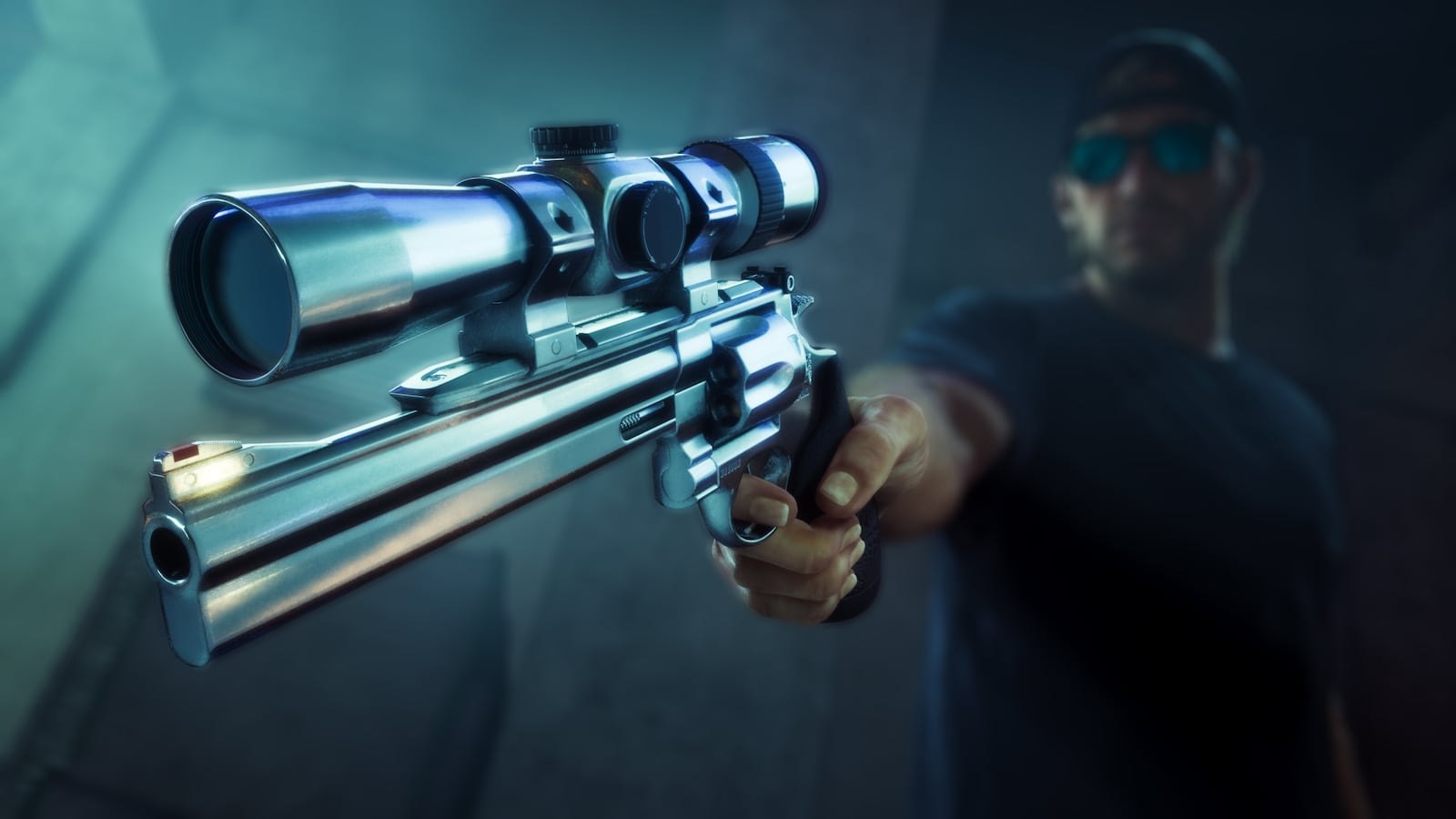 A man in a cap and sunglasses aims a chrome scoped revolver directly at the camera in a dimly lit environment.