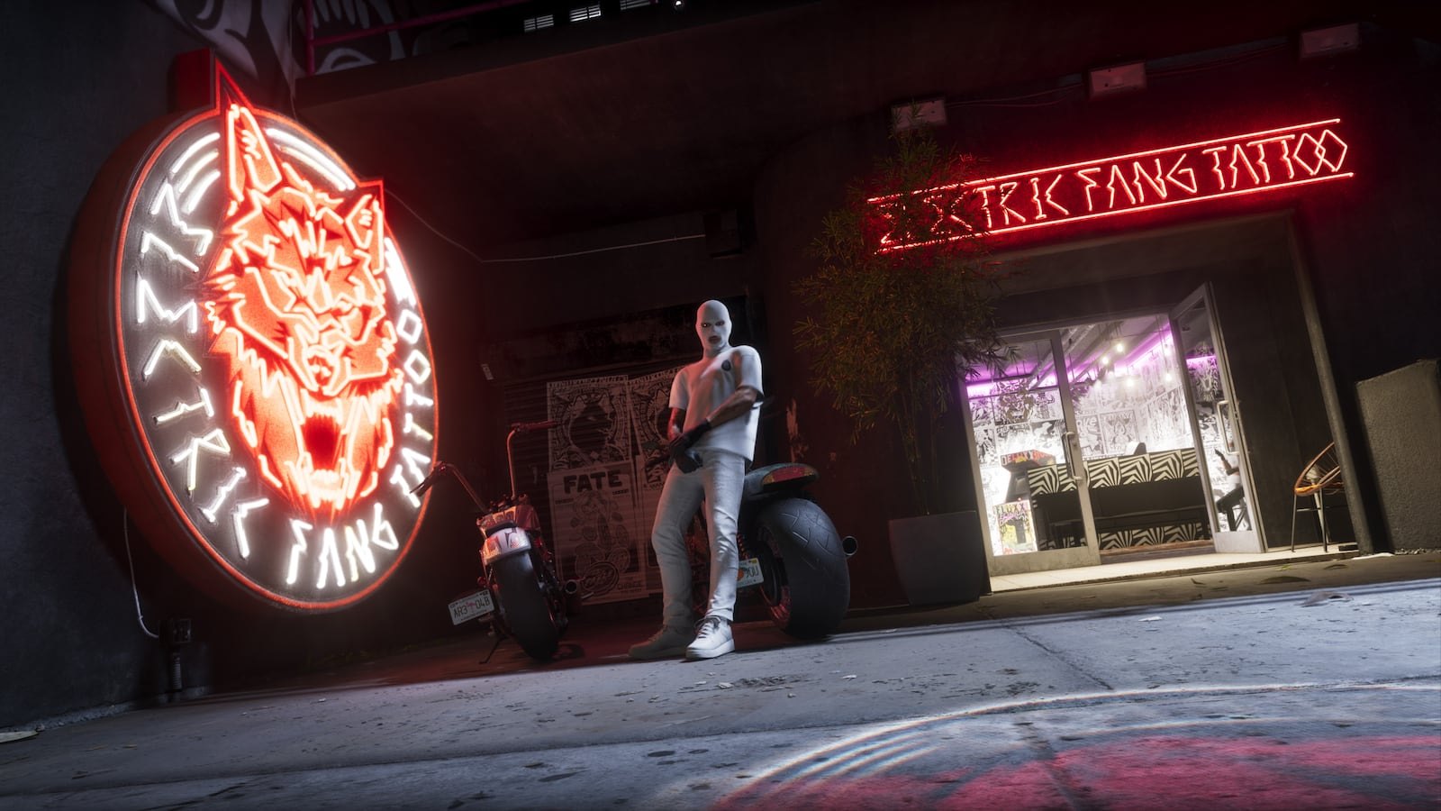 A bald character in grey clothes stands outside the Electric Fang Tattoo parlor at night beside a motorcycle under red neon signage.