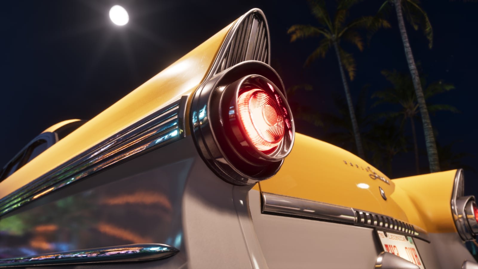 Close-up of the glowing red tail fin light of a yellow vintage Stanier car parked under a full moon with palm trees in the background.