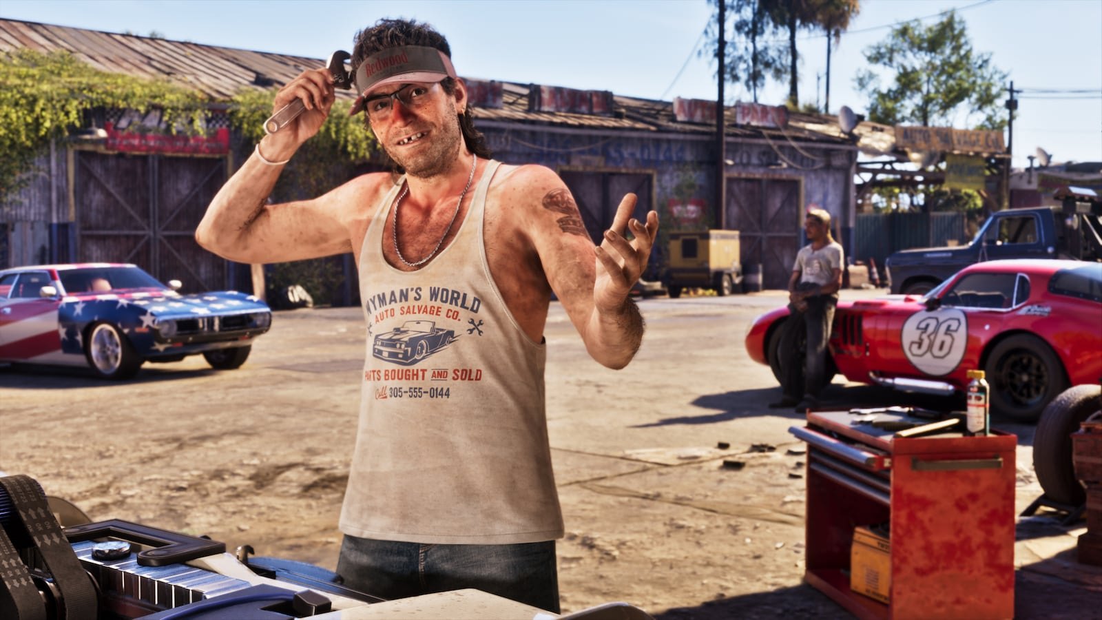 A scruffy mechanic in a dirty tank top gestures at a salvage yard filled with classic muscle cars under a bright sunny sky.