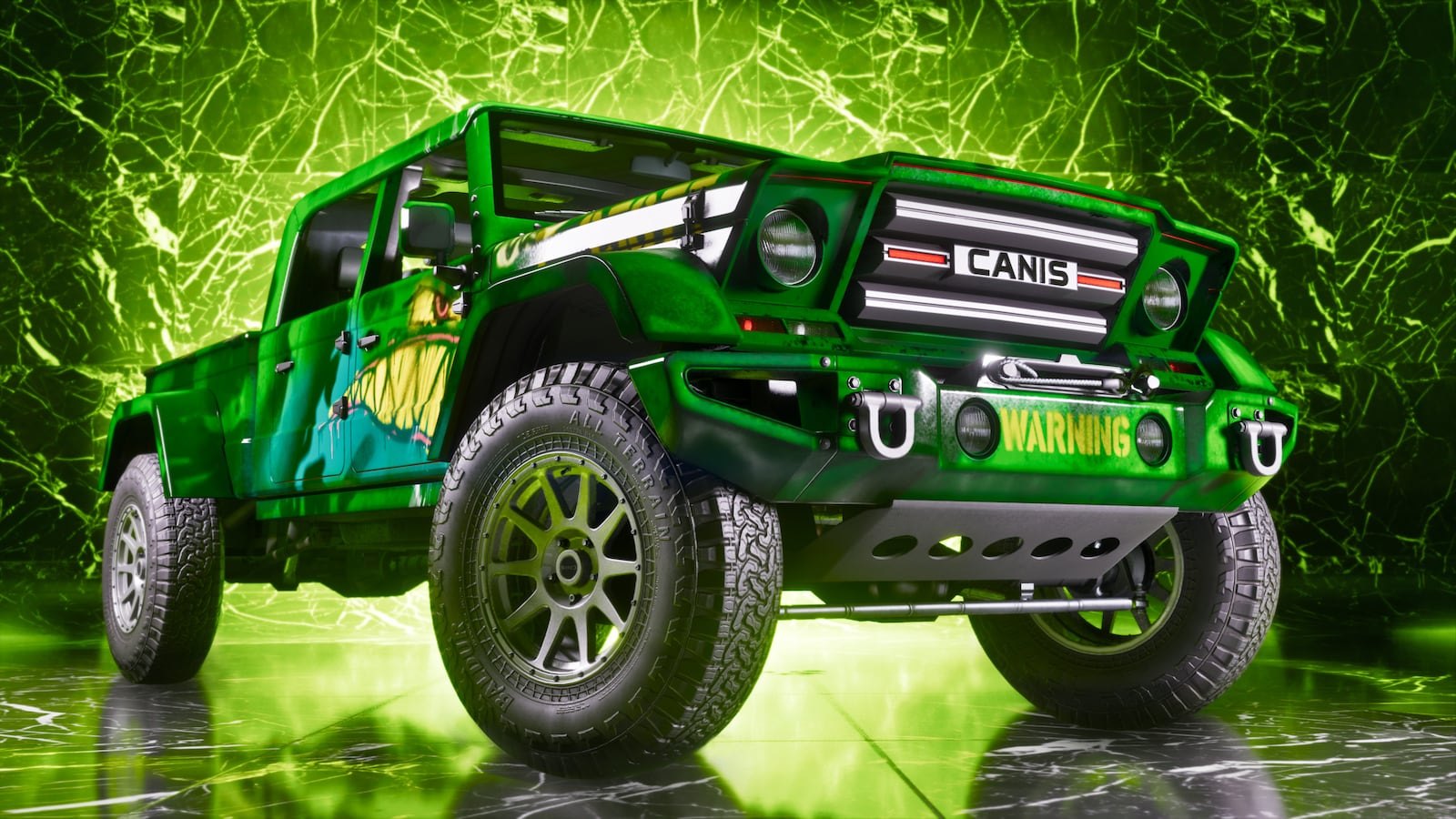 A heavily customized green Canis branded off-road truck with crocodile graphics and a WARNING bumper badge displayed against a green background.