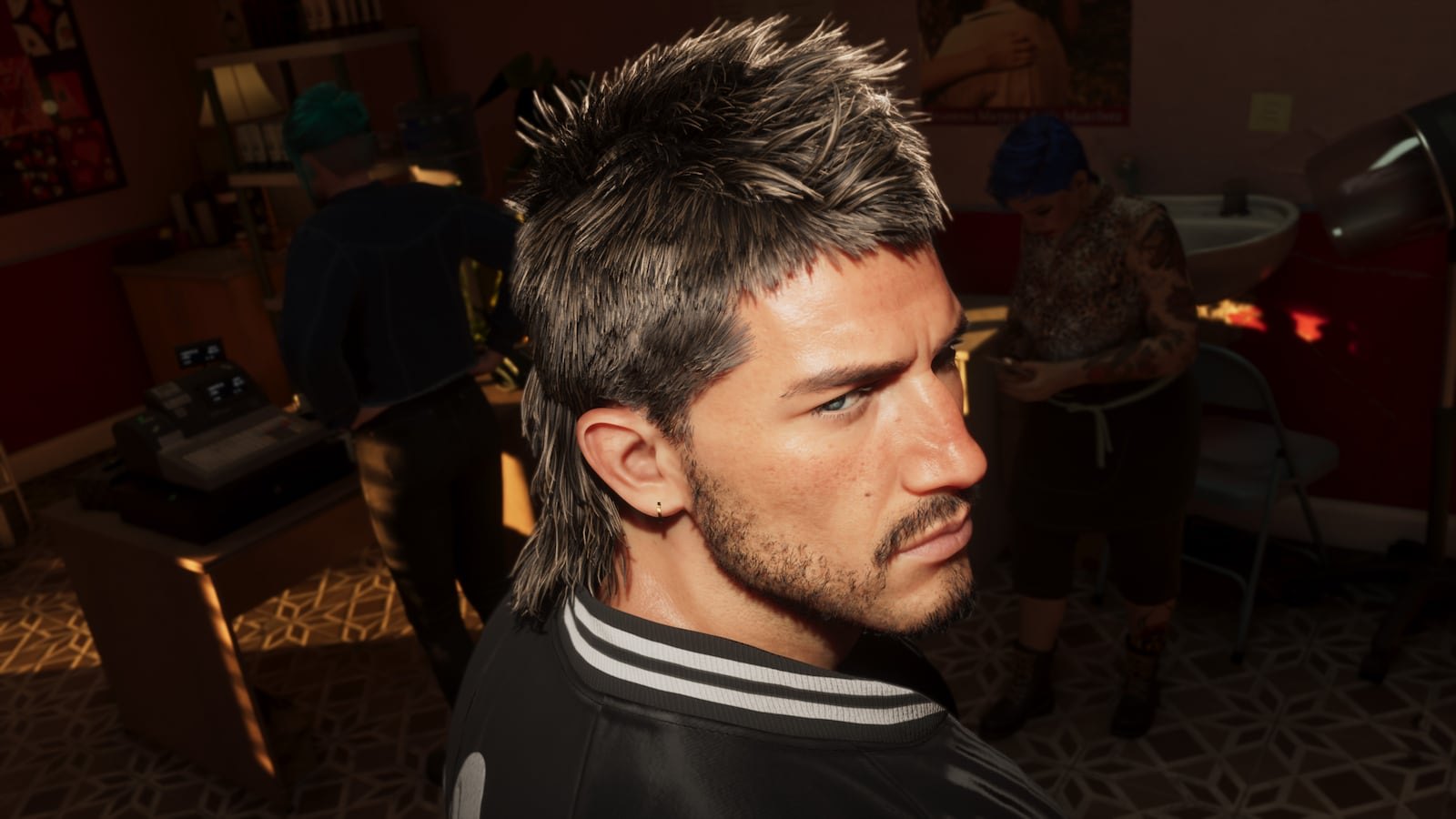 Close-up of a dark-haired man with a mullet hairstyle and ear stud inside what appears to be a barbershop or tattoo parlor.