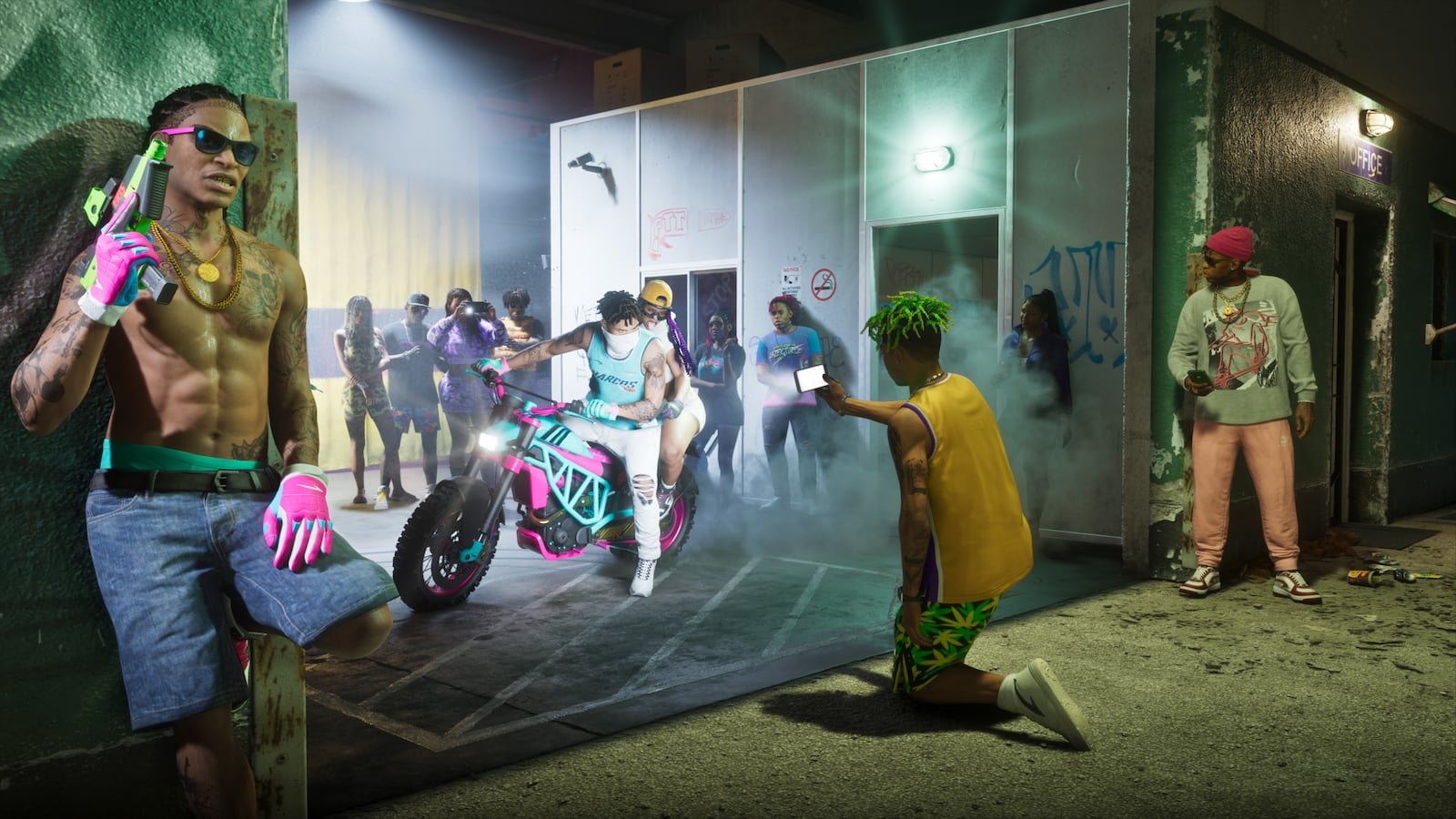 A group of colorfully dressed characters gathered around a person riding a pink electric motorcycle in a smoky outdoor urban setting at night.