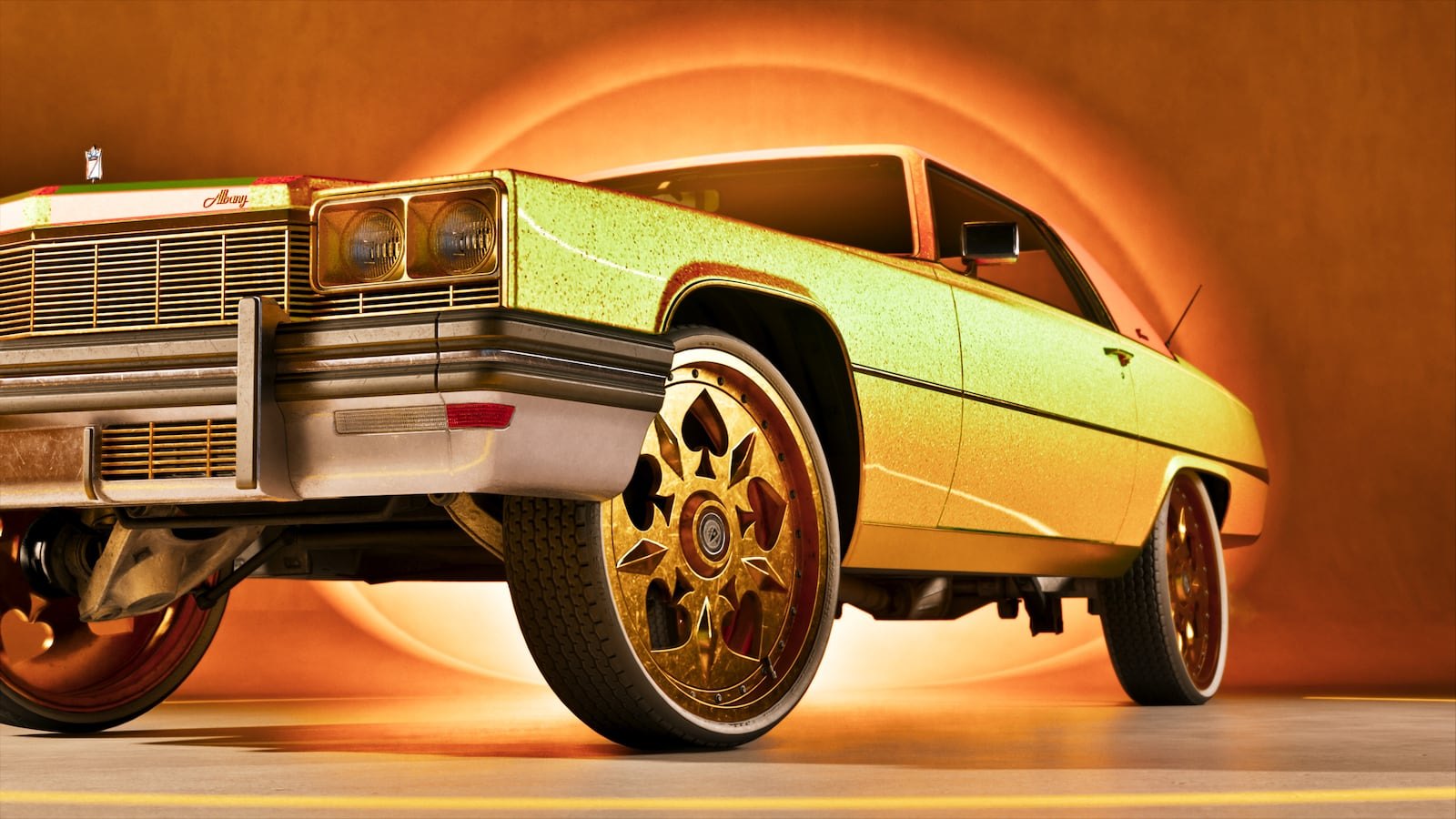 Low-angle shot of a gold-flake painted classic American lowrider with large decorative gold wheels against an orange circular backdrop.