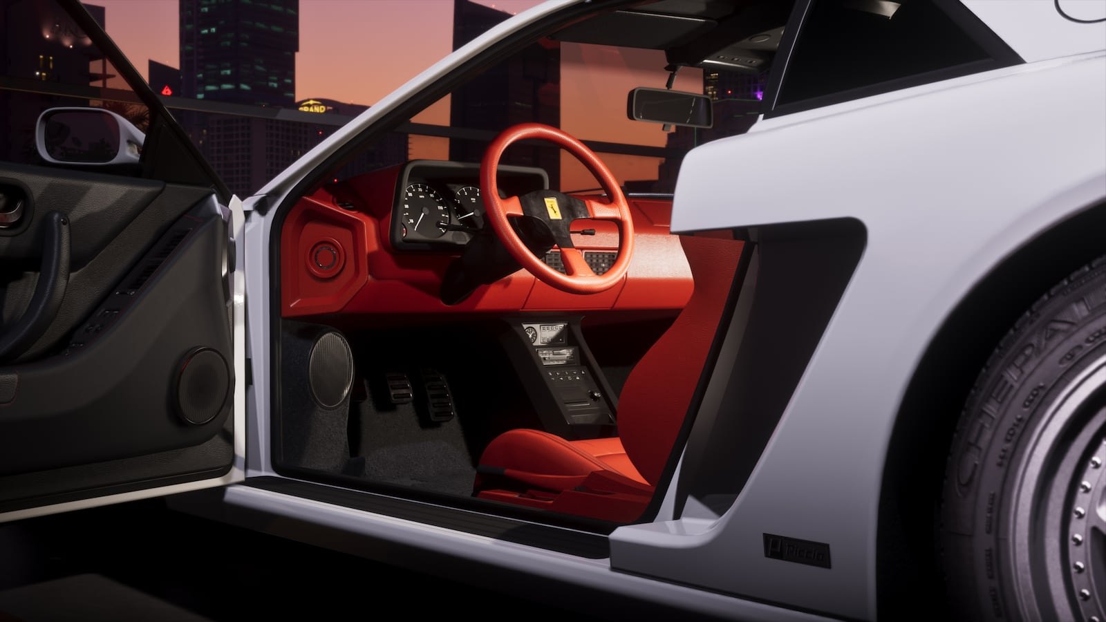 Interior view of a white supercar showing a red cockpit with period-correct dashboard and steering wheel against a city sunset backdrop.