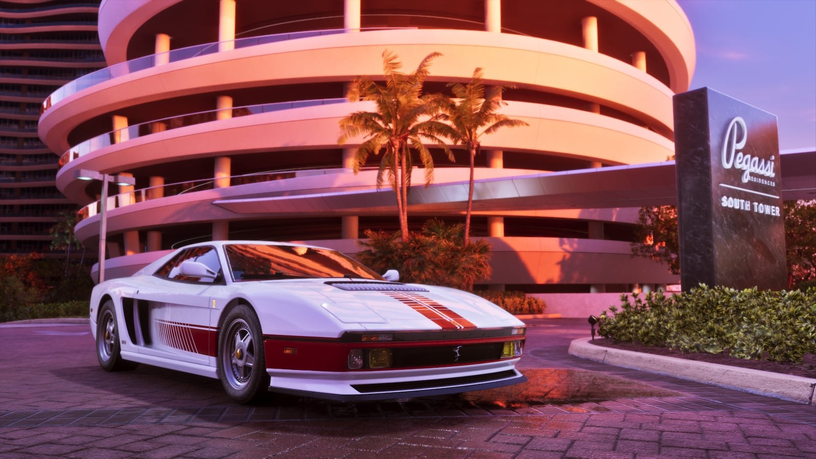 A white and red supercar is parked in front of the Pegasus South Tower building at sunset.