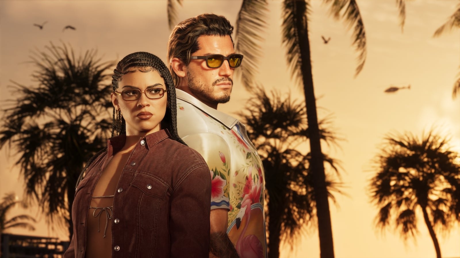A woman with braids and glasses stands in front of a man wearing a floral shirt and sunglasses against a warm sunset sky with palm trees.