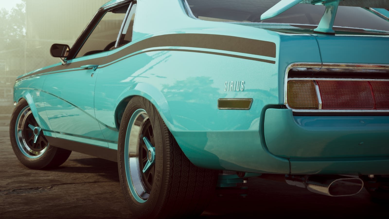 Close-up rear three-quarter view of a teal classic muscle car badged 'Sirius' with a brown racing stripe.