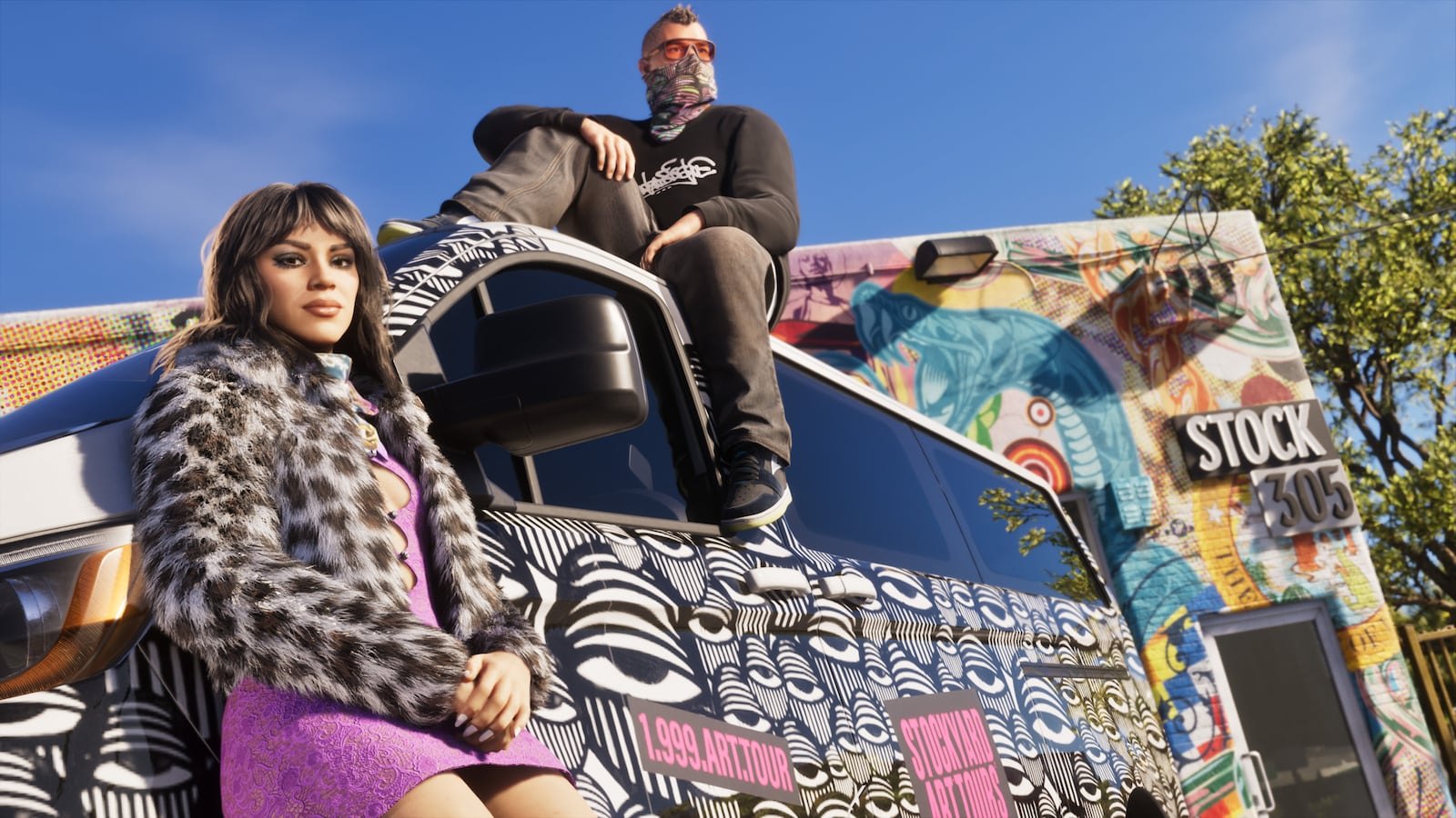 A woman in a leopard-print coat and a man sitting on top of a graffiti-wrapped van labeled 'Stock 305' under a blue sky.