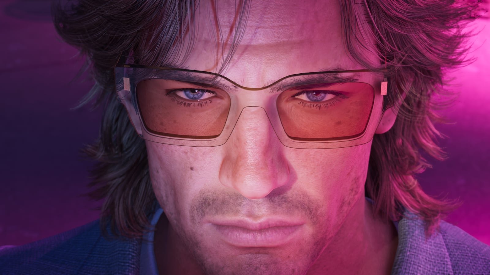 Extreme close-up of Jason's face wearing rectangular pink-tinted glasses against a pink-purple background.