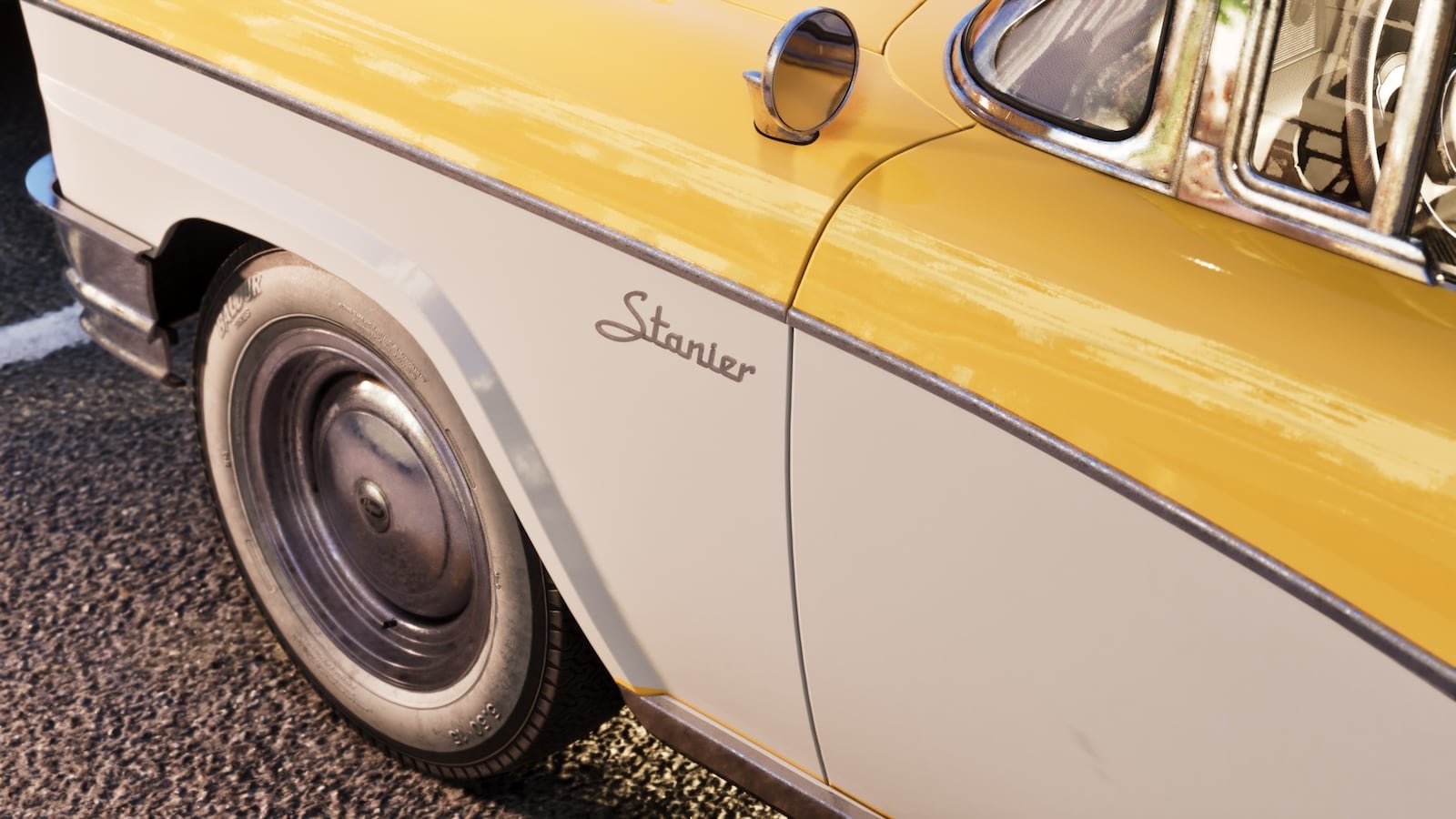 Close-up detail shot of the lower side panel and wheel of a yellow and white vintage Stanier car parked on a street.