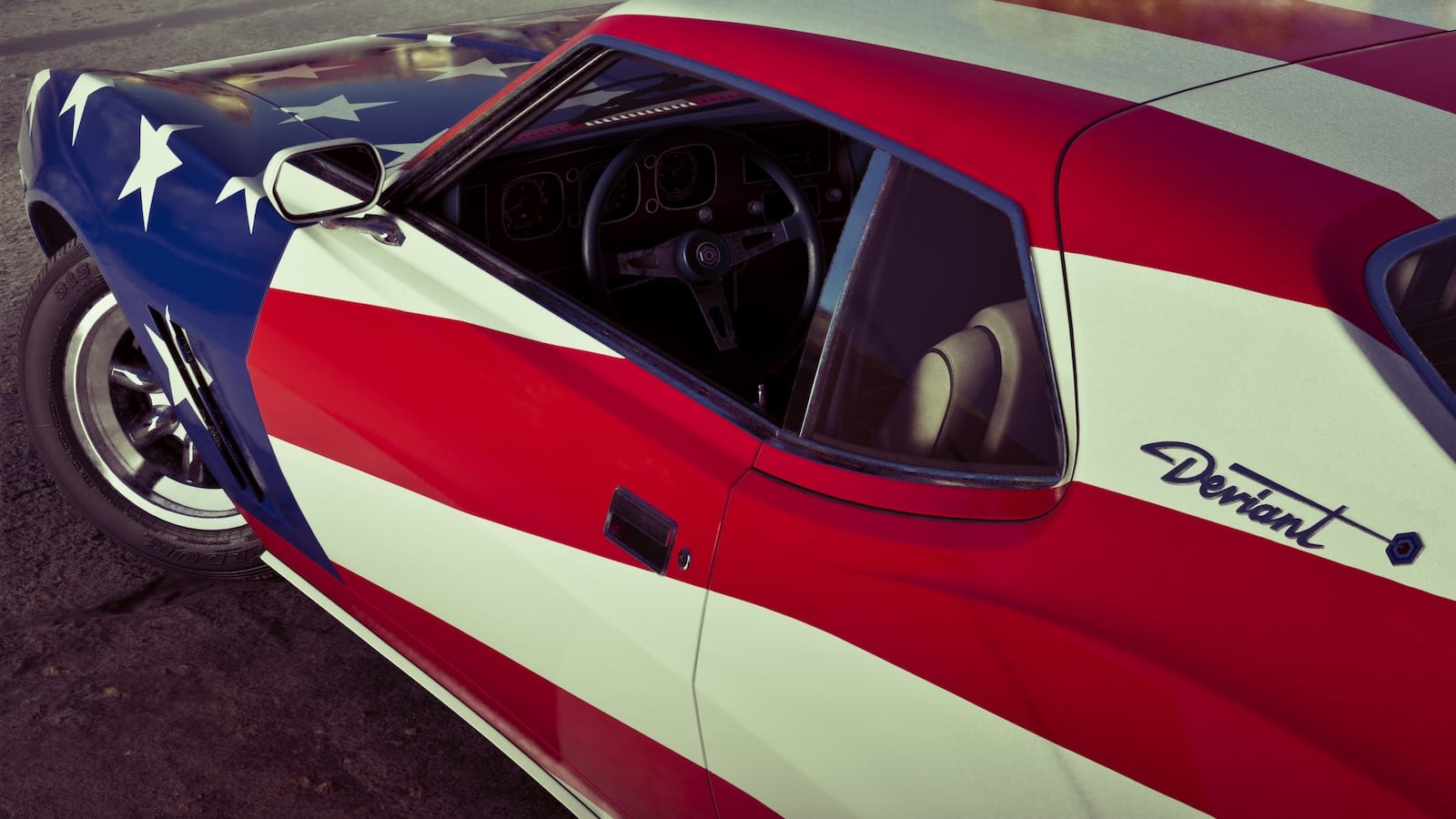 Close-up top-down view of a classic muscle car painted with an American flag design, badged 'Deviant'.