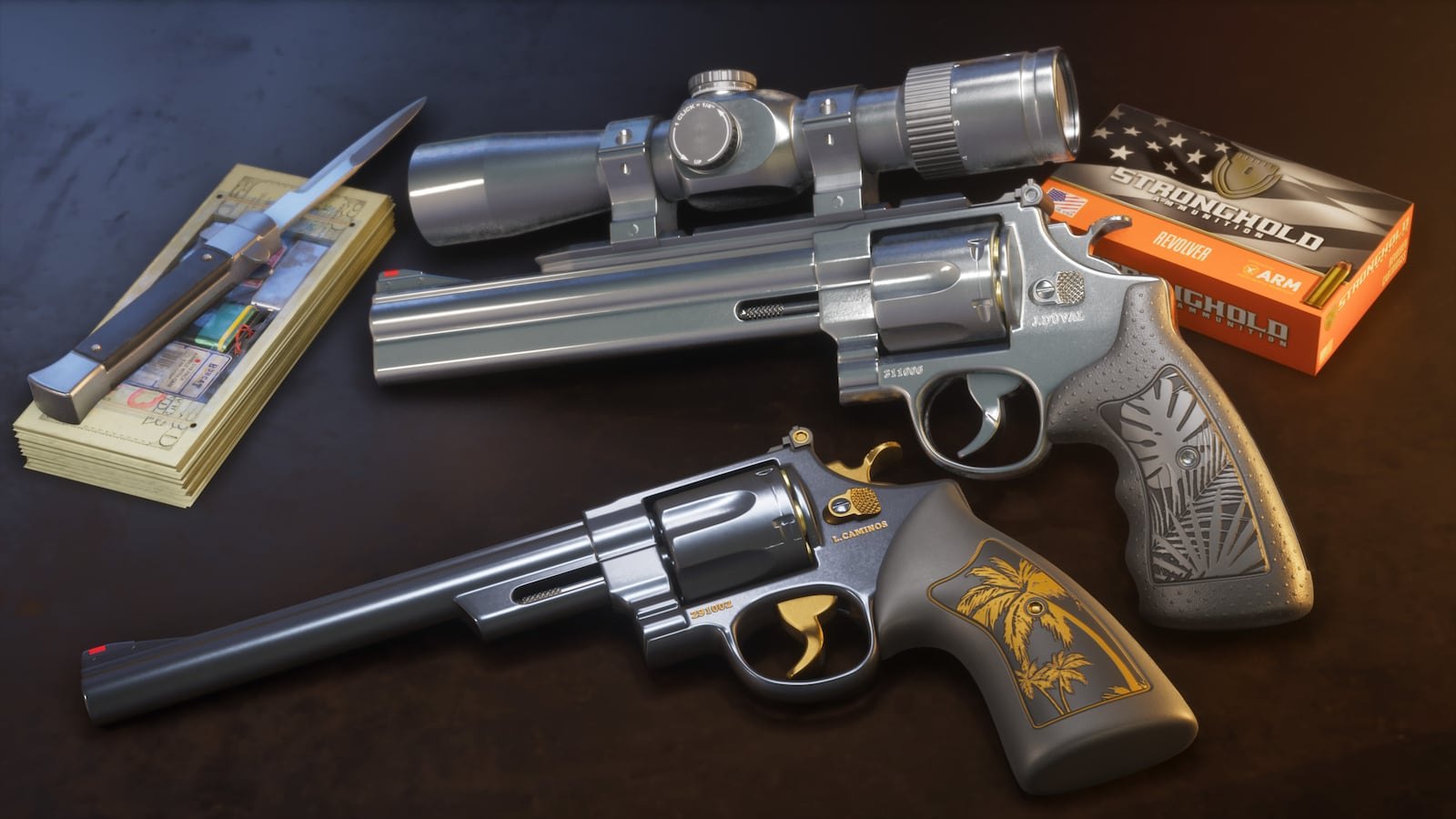 Two revolvers laid on a dark surface alongside a knife, stacked cash, and a box of Stronghold ammunition.