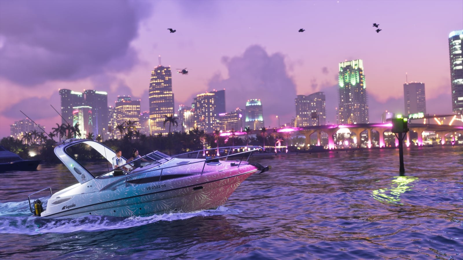 A motorboat with a decorative hull speeds across the water in front of a neon-lit city skyline at dusk with helicopters overhead.
