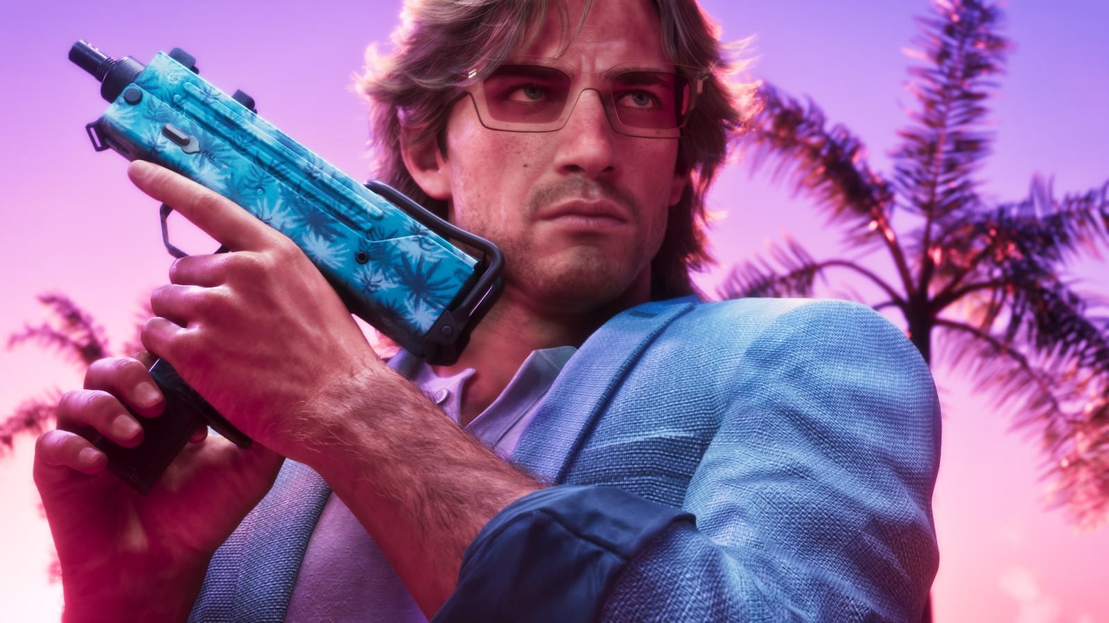 Jason holding a blue patterned submachine gun while wearing a light blue blazer and pink-tinted glasses against a palm tree and purple sunset backdrop.