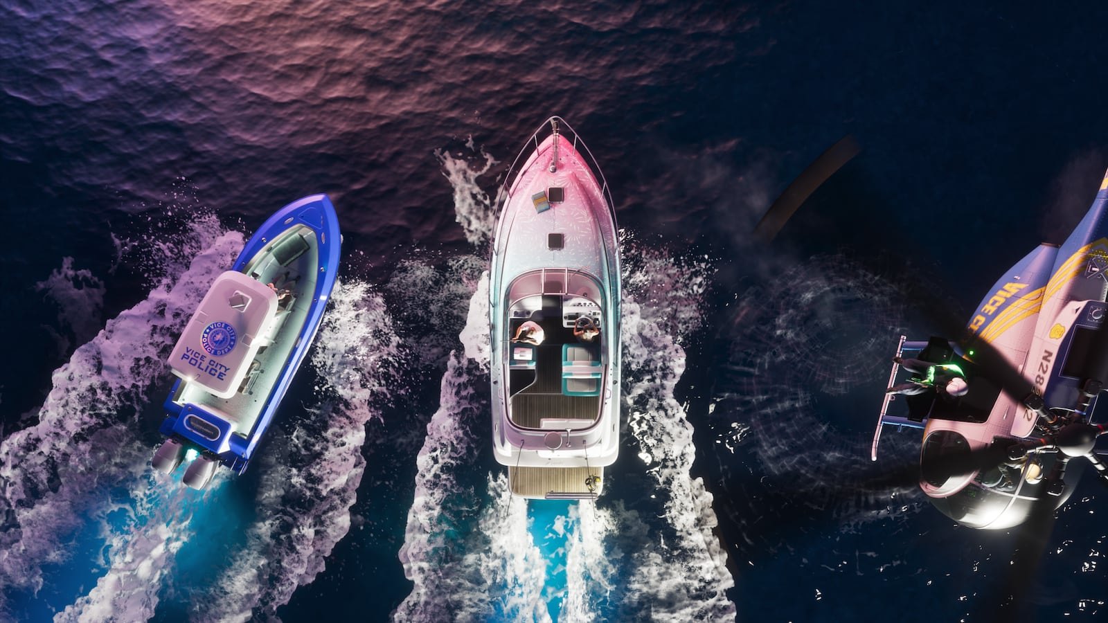 Overhead aerial shot of three boats racing side by side across dark ocean water at night with colorful lights illuminating their wakes.