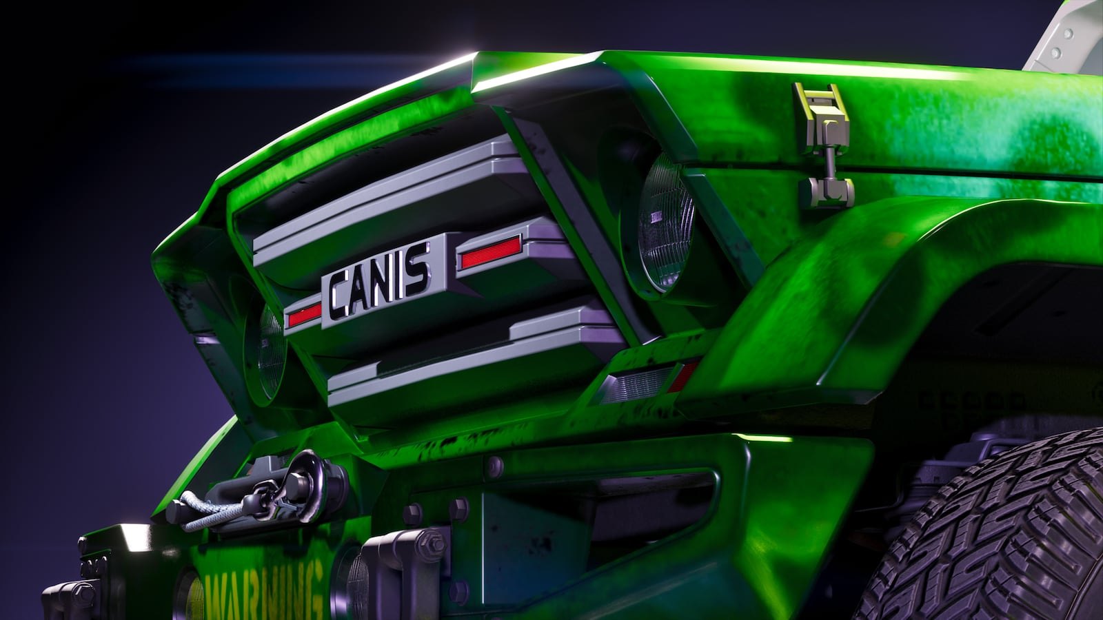 Close-up of the front grille and hood of a bright green Canis branded off-road truck with aggressive styling.