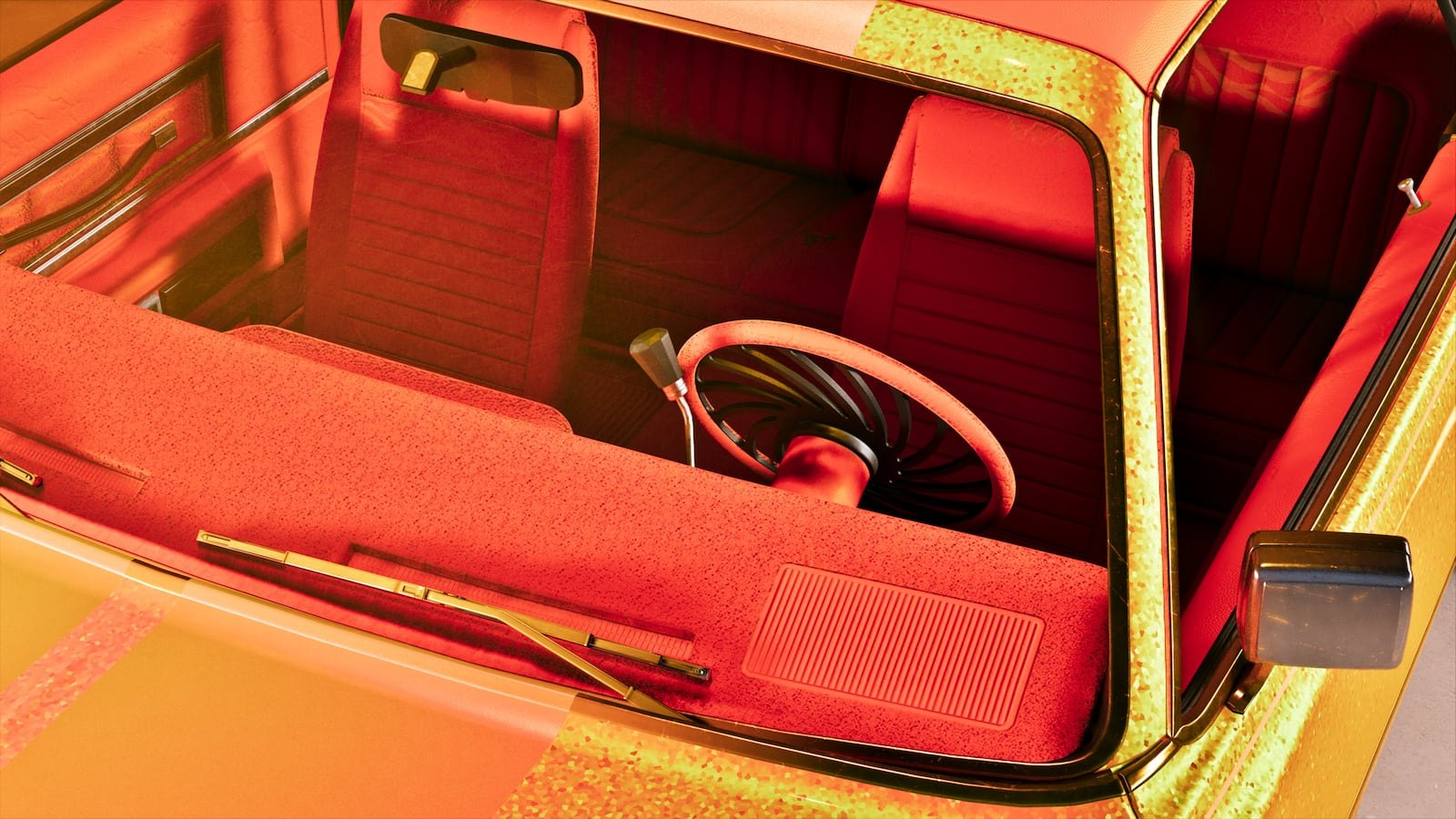 Interior view of a classic lowrider showing a red carpet interior, bench seat, and steering wheel through the open convertible top.